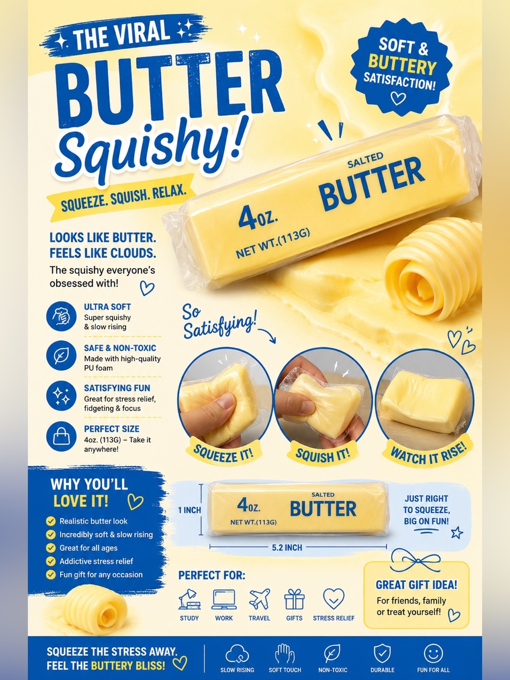 Salted Butter Squishy Stress Toy - Yellow 4oz